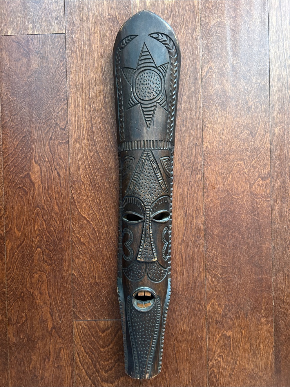Long Hand-Carved Tribal Wood Wall Sculpture - Dark Brown Mask